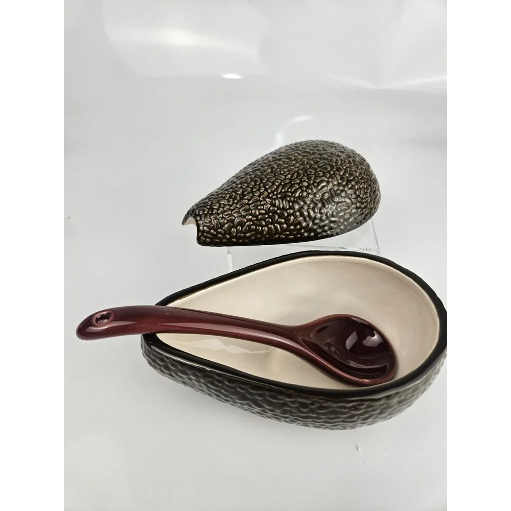 Ceramic Avocado Covered Dish‎ w Spoon Textured Guacamole Server
